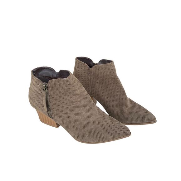 Women Pointed Toe Mid Wooden Stacked Heel Ankle Bootie| Nava Taupe Faux Suede Po - Picture 1 of 8